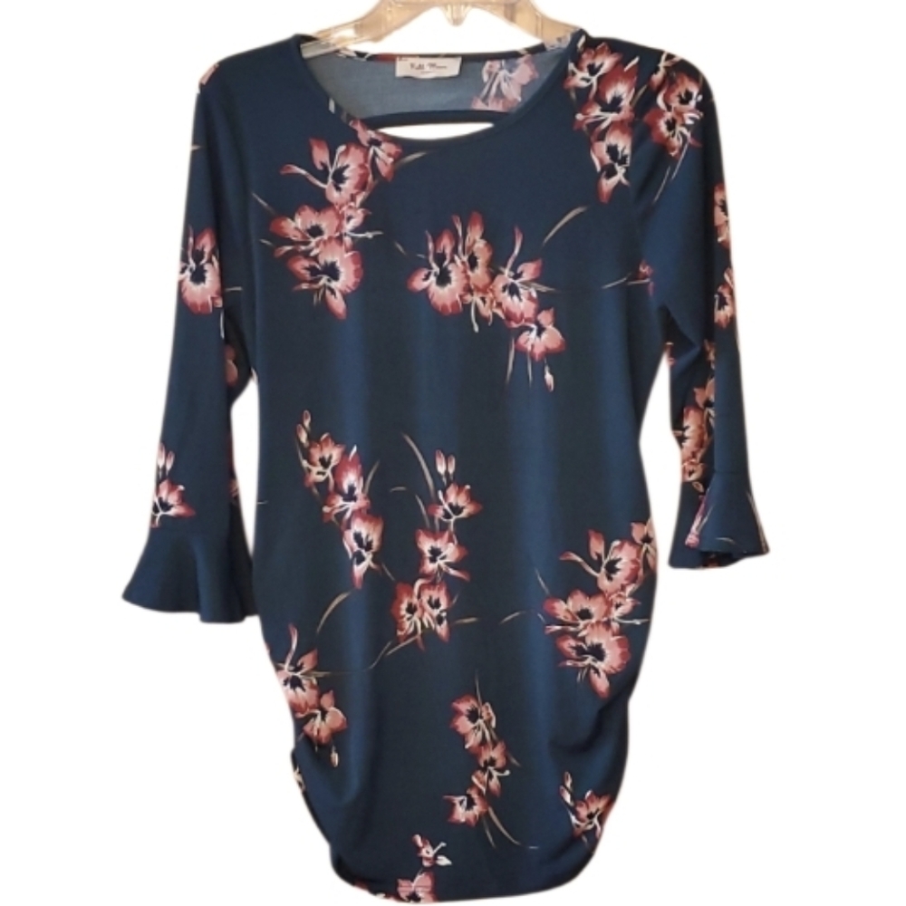Full Moon Maternity‎ Teal Green Floral Boho Top Size Medium With Side Ruching